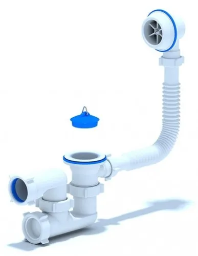 Сифон сливной Анипласт Варяг регулируемый для ванн с выпуском и переливом, из пластика, белый, 40мм, 1.1/2дюйм / сантехника