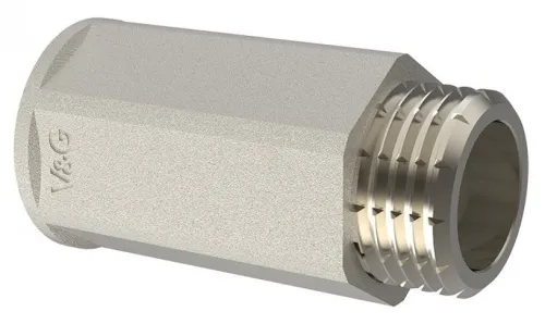 Удлинитель сантехнический V&G / В&Г никелированный, из латуни, внутренняя и наружная резьба 1/2дюйма, длина наращивания 10мм / фитинг