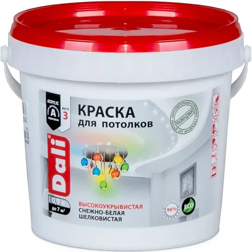 Краска акриловая Dali / Дали для потолков, высокоукрывистая, шелковистая, по бетону, снежно-белая, 0.9л / лакокрасочные материалы