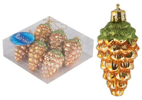 Украшение Волшебная страна новогоднее Шишки с блестками, пластиковые, золотые, длина 6см, 6шт. в упаковке / товары для праздников