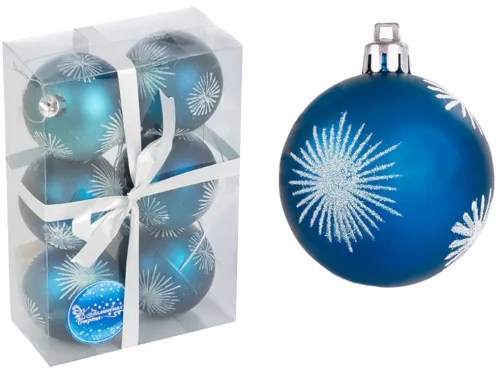 Елочные шары Волшебная страна PBD6-6-054-B с рисунком, пластиковые, синие, диаметр 6см, 6шт. в упаковке / товары для праздников