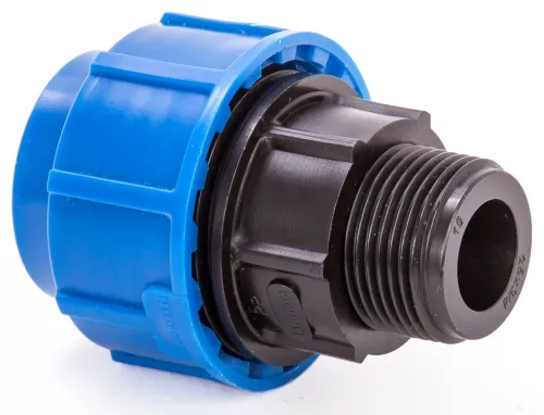 Муфта компрессионная Lammin / Ламмин переходная, для ПНД труб, с наружной резьбой, из полипропилена, синяя, диаметр подключения 25мм, резьба 3/4дюйма / фитинги
