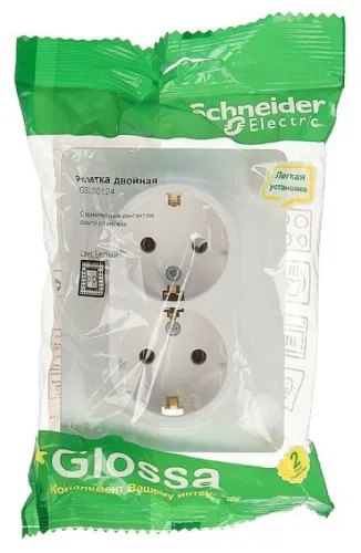 Розетка Schneider Electric / Шнайдер Электрик GLOSSA GSL000124 2-местная, с заземлением, без защитных шторок, из пластика, цвет белый, 112×82×48мм, 16А, IP20 / электрика