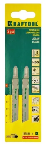 Пилка для лобзика KRAFTOOL / Крафтул T118B по металлу, прямой рез, Т-образный хвостовик, из стали HSS, рабочая длина 55мм, 2шт. / оснастка