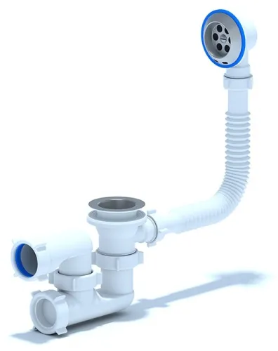 Сифон сливной Анипласт Ани регулируемый для ванны с выпуском и переливом, из пластика и нержавеющей стали, белый, 50мм, 1.1/2дюйм / сантехника