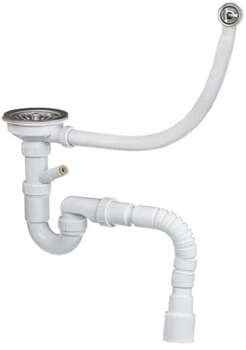 Сифон сливной Masterprof / Мастерпроф для кухни 2в1 с выпуском и гофрированной трубой, из пластика и нержавеющей стали, белый, 40/50мм, 1.1/2дюйм / сантехника