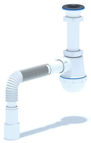 Сифон сливной Анипласт Ани Грот для кухонной мойки с выпуском и гибкой трубой, из пластика и нержавеющей стали, белый, 40/50мм, 1.1/2дюйм / сантехника