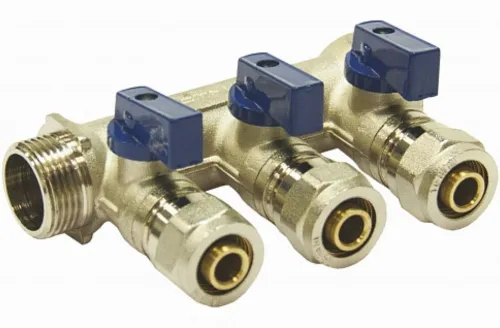 Коллектор СТМ распределительный, с шаровыми кранами, из латуни, серый, вход 3/4дюйма, 3 присоединения, 10бар / водоснабжение