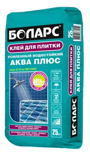 Клей Боларс Аква Плюс для плитки и керамогранита, на основе цемента, 25кг / строительные смеси