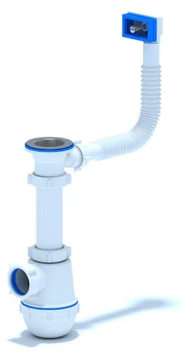 Сифон сливной Анипласт Ани Грот для кухонной мойки с переливом и гофротрубой, из пластика и нержавеющей стали, белый, 50/60мм, 1.1/2дюйм / сантехника