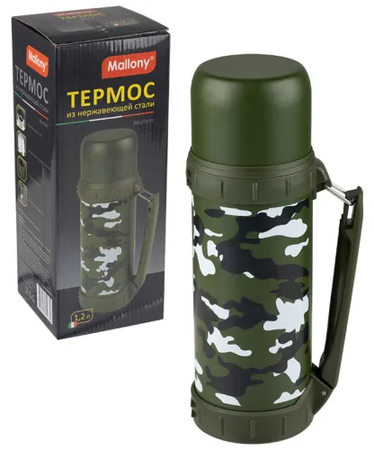 Термос Mallony / Маллони Military с ремешком для переноски, из нержавеющей стали и пластика, зеленый, 1.2л / термопосуда