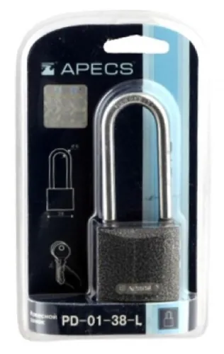 Замок навесной Apecs / Апекс PD-01-38-L цилиндровый, чугунный, 3 ключа, дужка диаметром 6мм / средства защиты