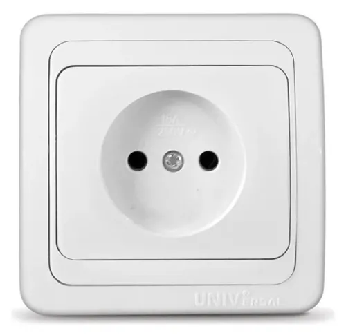 Розетка Universal / Универсал Валери В0022 1-местная, без заземления, без защитных шторок, из пластика, цвет белый, 82×82×40мм, 16А, IP20 / электрика