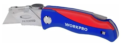 Нож строительный WORKPRO / Воркпро складной с трапециевидным лезвием, из стали SK5, синий, 160мм / инструменты
