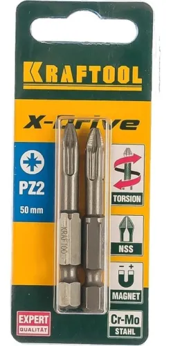 Бита KRAFTOOL / Крафтул X-DRIVE торсионная, для шуруповерта, магнитная, из стали S2, PZ2, 50мм, 2шт. / инструменты