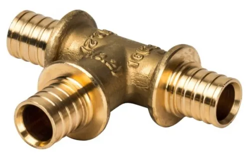 Тройник Stout / Стаут равнопроходной аксиальный для труб из сшитого полиэтилена, пресс, из латуни, цвет бронза, диаметр 16мм / водоснабжение