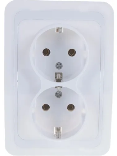 Розетка Universal / Универсал Валери В0128 2-местная, с заземлением, без защитных шторок, из пластика, цвет белый, 120×80×40мм, 16А, IP20 / электрика