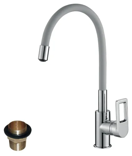 Смеситель Rossinka Silvermix / Россинка Сильвермикс для кухни, однорычажный, из латуни, цвет серый/хром, излив 261мм / сантехника