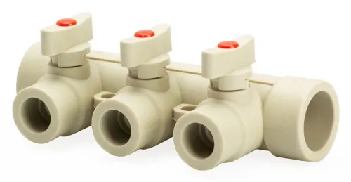 Коллектор Lammin / Ламмин распределительный, с шаровыми кранами, из полипропилена, серый, вход 32мм, 3 присоединения, 25бар / водоснабжение