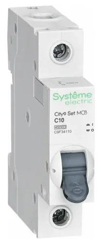 Автоматический выключатель Systeme Electric / Систем Электрик City9 C9F34110 однополюсной, в пластиковом корпусе, белый, 230В, 10А, 4.5кА, IP20 / электрика