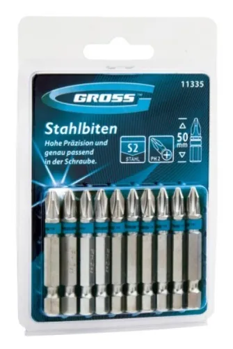 Набор бит Gross / Гросс для шуруповерта, из инструментальной стали S2, PH2, длина 50мм, 10шт. / оснастка