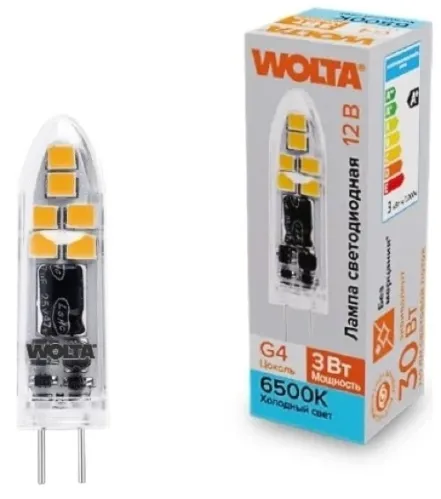 Лампочка светодиодная Wolta / Вольта капсульная, G4, 6500К, 240Лм, холодный белый, 12В, 3Вт / освещение