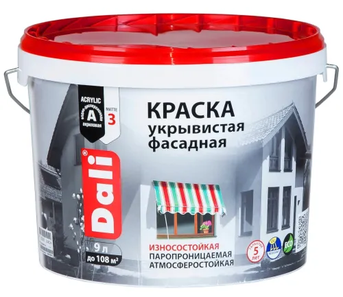 Фасадная краска Dali / Дали Укрывистая износостойкая, паропроницаемая, атмосферостойкая, акриловая, белая/глубокоматовая, 9л / лакокрасочные материалы