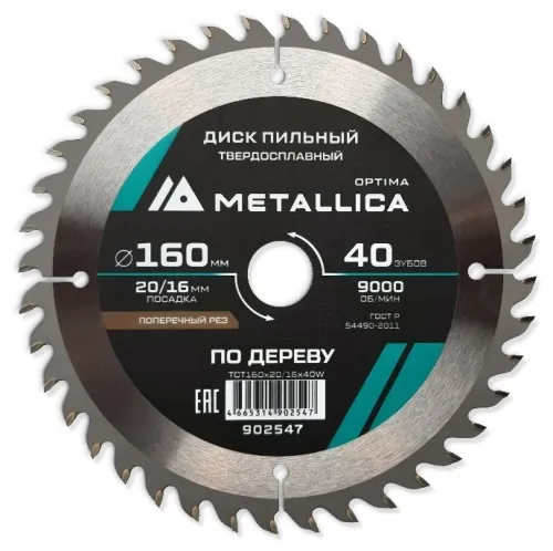 Диск пильный METALLICA Optima, 160мм, 40 зубьев, 902547