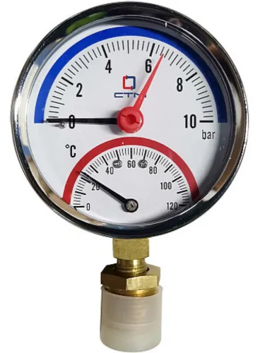 Манометр давления воды СТМ 14R10 аксиального подключения, термо, механический, из стекла и стали, 10бар, 1/4дюйма / измерительные инструменты