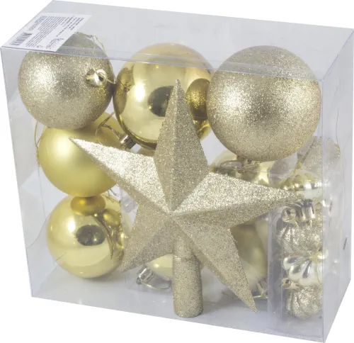 Елочные шары Волшебная страна SYCB17-518 однотонные, пластиковые, золотые, набор со звездой, 18шт. в упаковке / товары для праздников