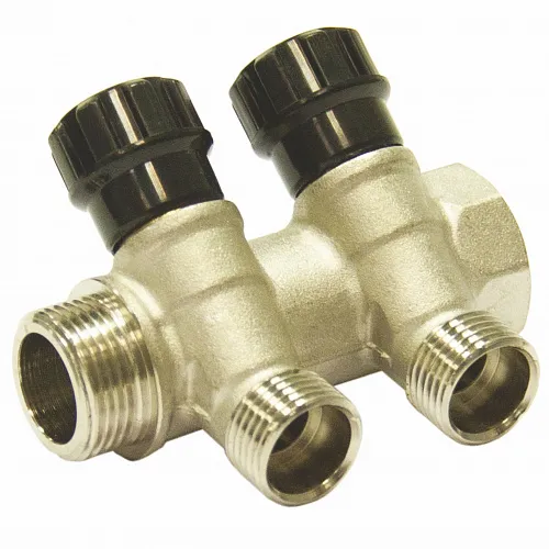 Коллектор СТМ распределительный, с вентилями, из латуни, серый, вход 3/4дюйма, 2 присоединения, 10бар / водоснабжение