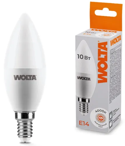 Лампочка светодиодная Wolta / Вольта 25SC10E14 свеча, Е14, 4000К, 825Лм, нейтральный свет, 220В, 10Вт / освещение