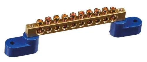 Нулевая шина Navigator / Навигатор NBB-М69-10С2/В на двух угловых изоляторах из латуни и бронзы, сечение провода 6-9мм², 100А, 10 контактов / электрика