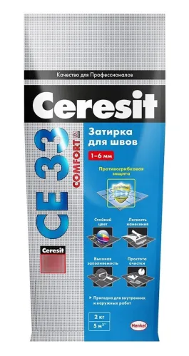 Затирка Ceresit / Церезит СЕ33 Comfort для плиточных швов, сухая, с противогрибковым действием, цементная, цвет багамы бежевый 43, 2кг / строительные смеси