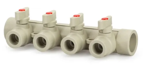Коллектор Lammin / Ламмин распределительный, с шаровыми кранами, из полипропилена, серый, вход 32мм, 4 присоединения, 25бар / водоснабжение