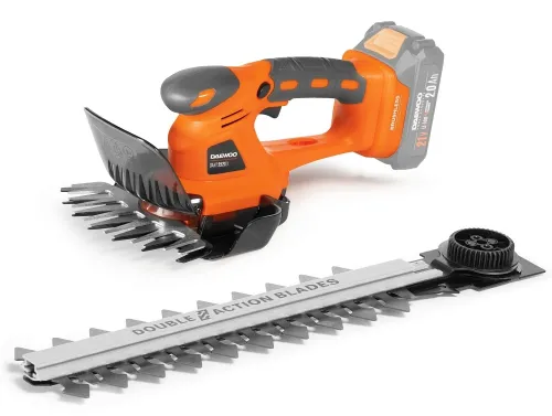 Кусторез аккумуляторный DAEWOO / Дэу DAHT 2521Li, двусторонний, оранжевый, Li-ion, 2Ач, диаметр реза 8мм, ширина скашивания 16см, 21В, 1.46кг / садовый инструмент