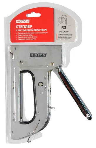Степлер строительный MIXTON / Микстон механический, с регулировкой силы удара, в металлическом корпусе, серый, скобы тип 53 / инструменты