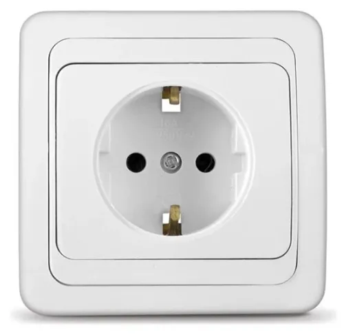Розетка Universal / Универсал Валери В0028 1-местная, с заземлением, без защитных шторок, из пластика, цвет белый, 81×81×45мм, 16А, IP20 / электрика