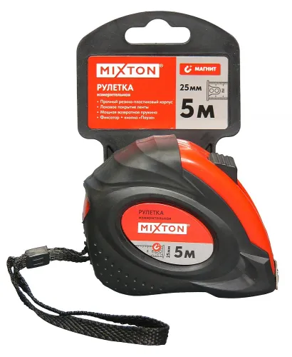 Измерительная рулетка MIXTON / Микстон с магнитом, корпус из резины и пластика, металлическая лента, 5м / строительство и ремонт