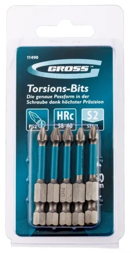 Набор бит Gross / Гросс торсионных для ударного шуруповерта, из легированной стали, PH2, длина 50мм, 5шт. / оснастка