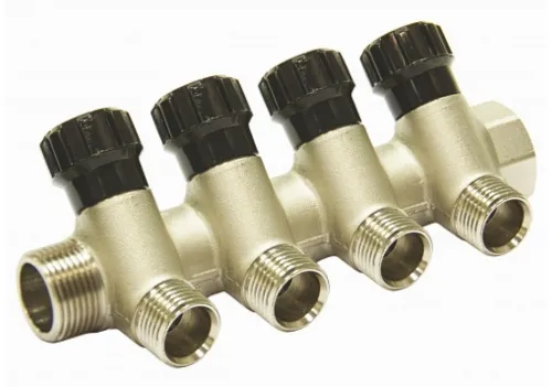 Коллектор СТМ распределительный, с вентилями, наружная резьба, из латуни, серый, вход 3/4дюйма, 4 присоединения, 10бар / водоснабжение