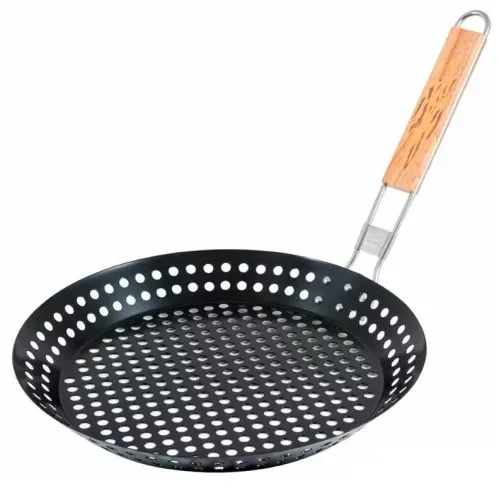 Решетка гриль ECOS / Экос 24031D круглая с деревянной ручкой и антипригарным покрытием, из металла, 30х30х5см / отдых и пикник