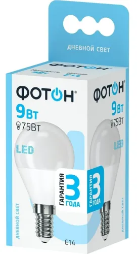 Лампочка светодиодная Фотон шар, Р45, Е14, 4000К, 855Лм, дневной свет, 220В, 9Вт / освещение