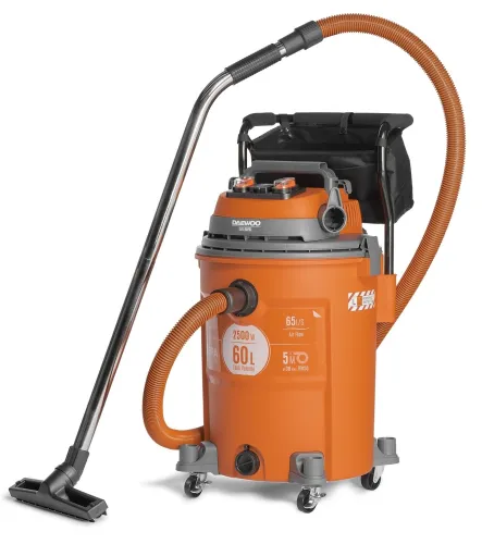 Промышленный пылесос DAEWOO / Дэу DAVC 6025S со шлангом, сухая и влажная уборка, оранжевый, шланг 38мм, объем бака 60л, 475х450х730мм, 2500Вт / техника