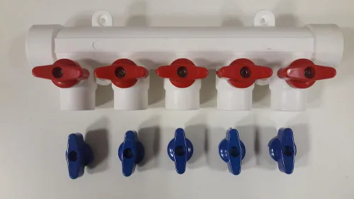 Коллектор Lammin / Ламмин распределительный, с шаровыми кранами, из полипропилена, белый, вход 32мм, 5 присоединений, 25бар / водоснабжение