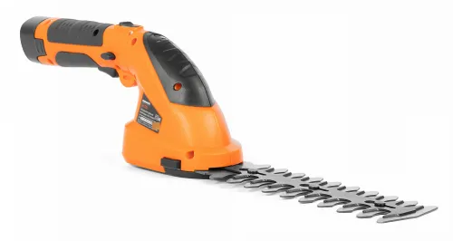 Кусторез аккумуляторный DAEWOO / Дэу 772Li SET, двусторонний, оранжевый, Li-ion, 1.5Ач, диаметр реза 8мм, ширина скашивания 10см, 7.2В, 1.7кг / садовый инструмент