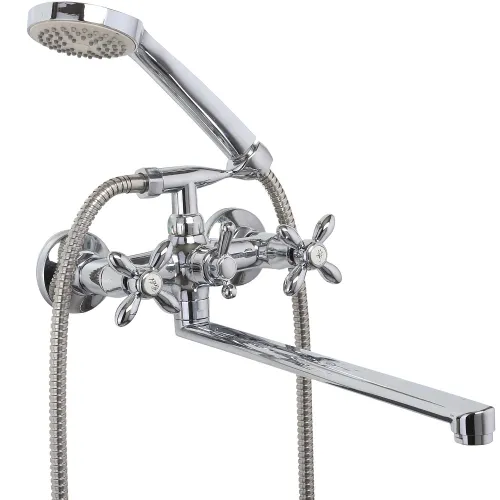 Смеситель Lucky Tap / Лаки Тап BBD-2006-35L-69 для ванной, двуручковый, из латуни, цвет хром, излив 350мм, под отверстие диаметром 65мм / сантехника