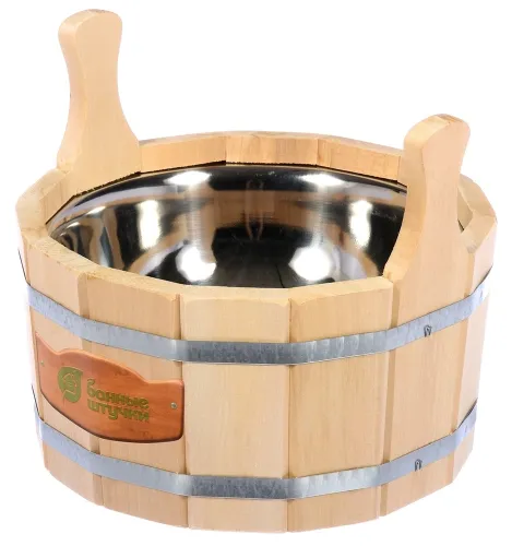 Ушат для бани Банные штучки Шайка, с вставкой из нержавеющей стали, из древесины липы, бежевый, объемом 6.5л / товары для дома