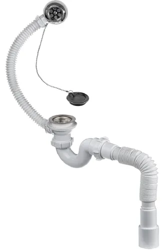 Сифон сливной Masterprof / Мастерпроф для ванны прямоточный с выпуском и переливом, из пластика и нержавеющей стали, белый, 40мм, 1.1/2дюйм / сантехника