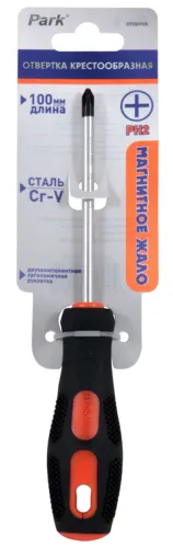 Отвертка крестовая Park / Парк с двухкомпонентной рукояткой, из хромованадиевой стали, черная, наконечник PH2, стержень 100мм / инструменты
